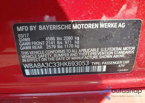 2017 BMW 320I xDrive from USA, damaged, VIN WBA8A3C33HK693053
